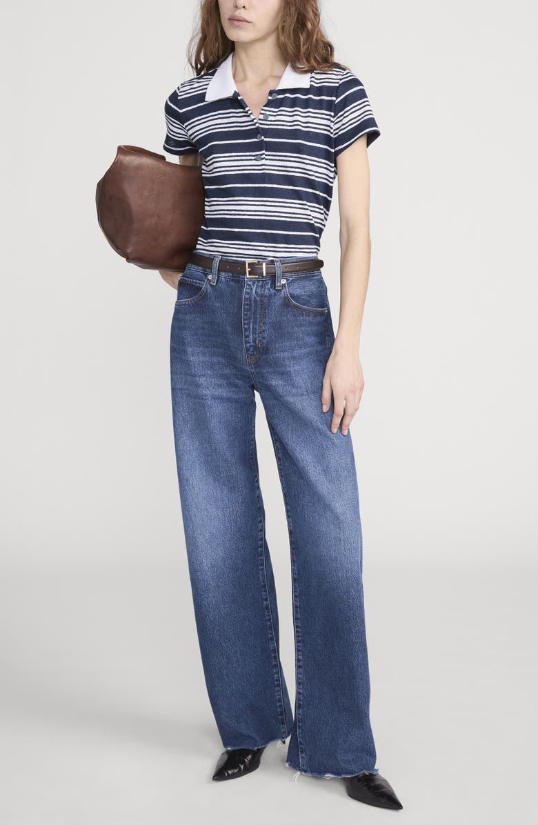 FRAME The Stripe Stretch Linen Polo Top, Alternate, color, Navy Multi