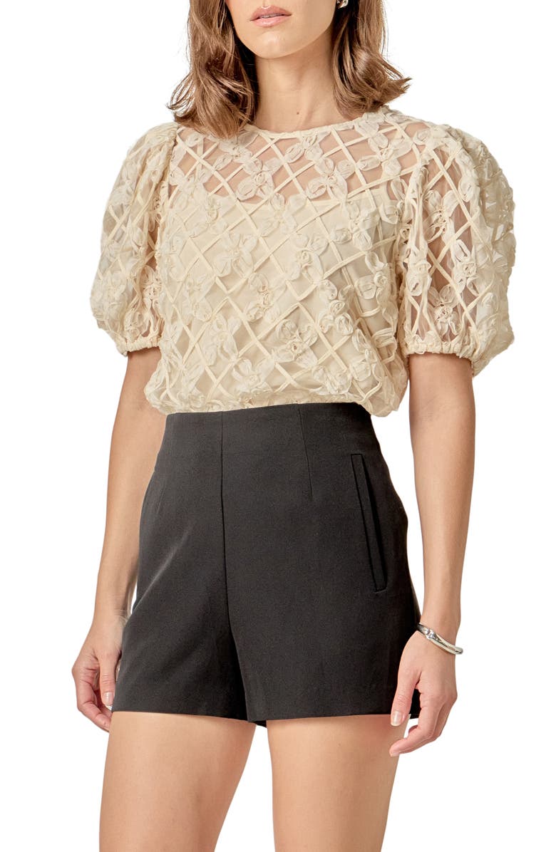 English Factory Floral Texture Puff Sleeve Top, Alternate, color, Ivory