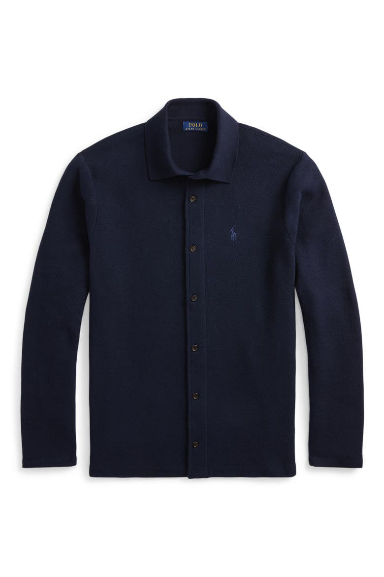 Embroidered Logo Cotton Piqué Cardigan, Alternate, color, HUNTER NAVY