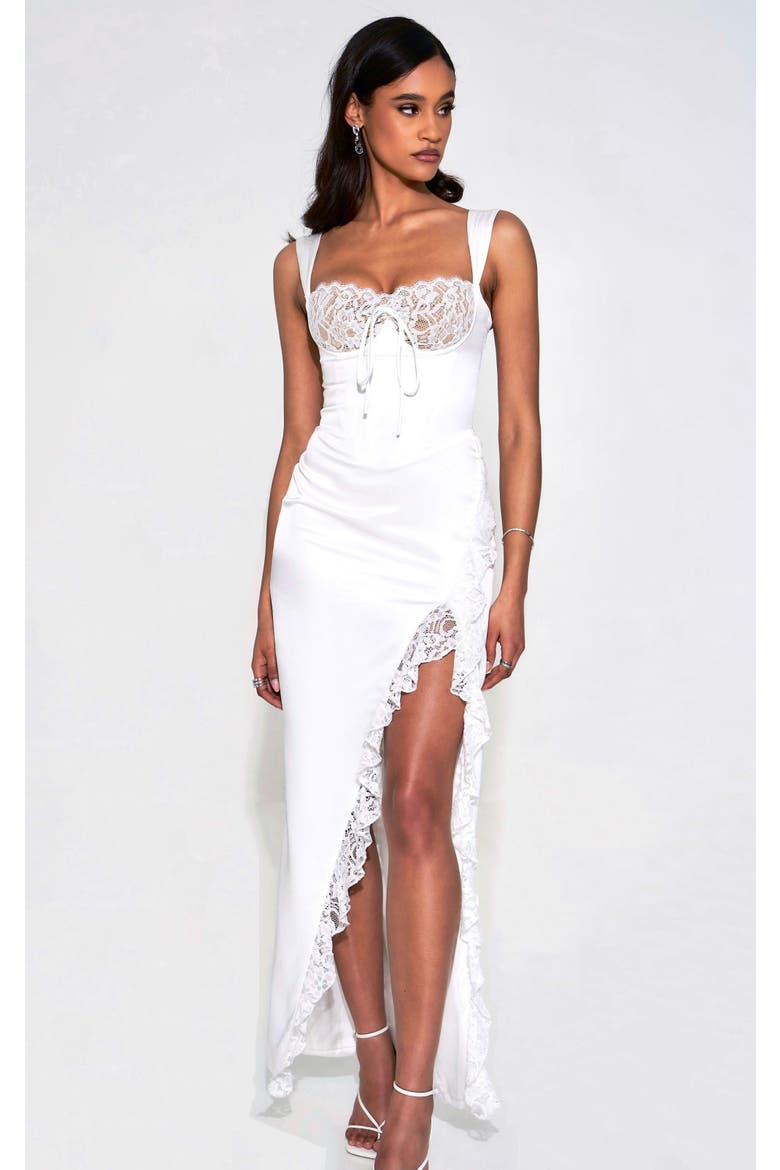 Fraddie Lace Satin Maxi Corset Dress, Main, color, White
