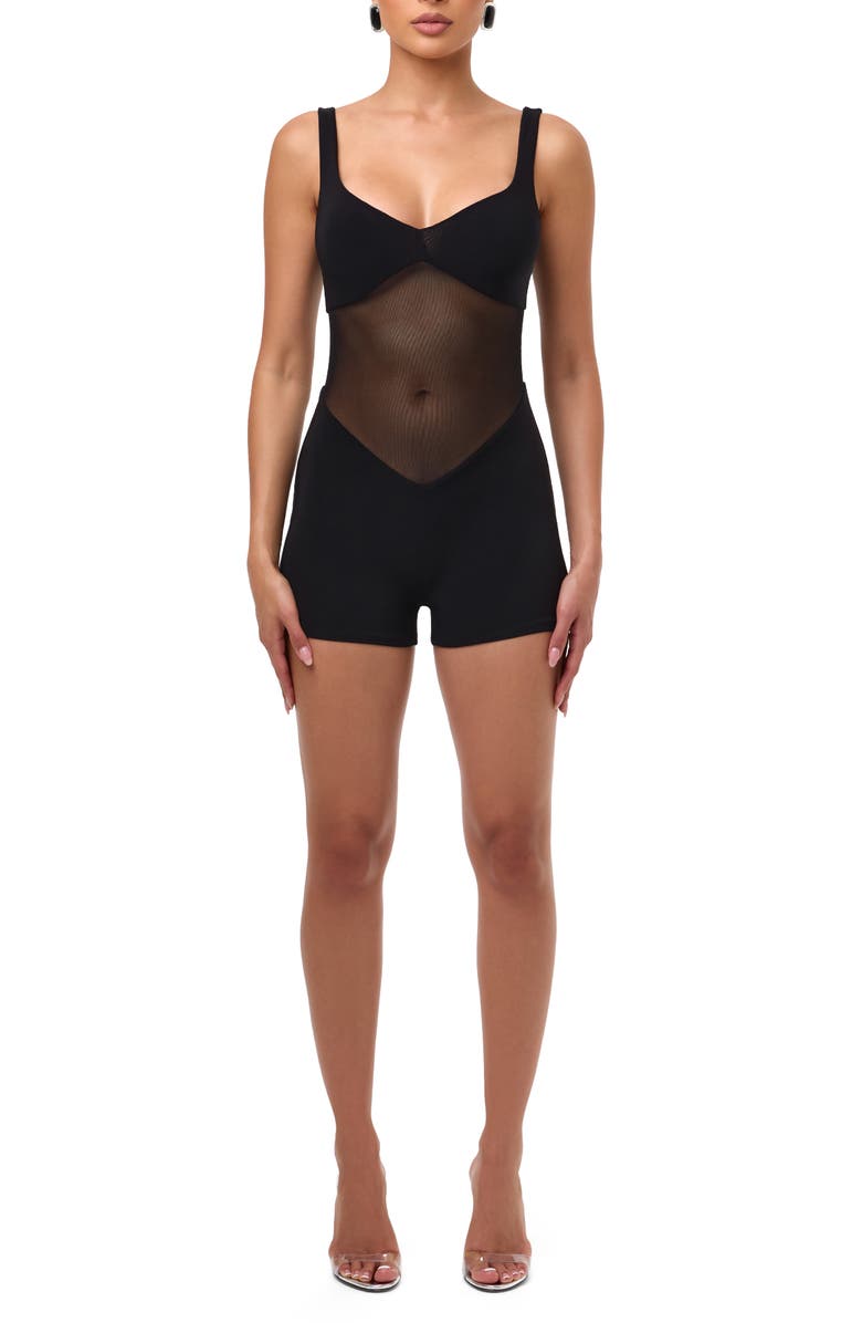 Naked Wardrobe Hourglass Mesh Tank Romper, Main, color, Black