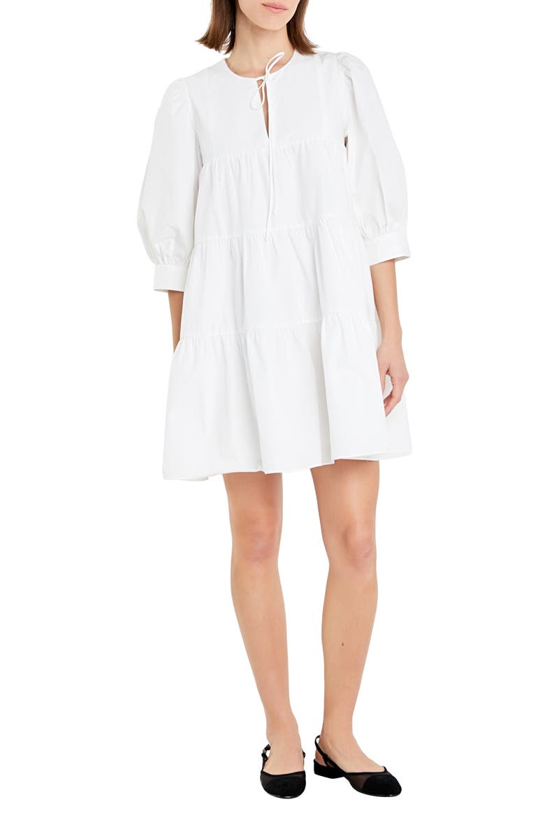 Blouson Sleeve Cotton Poplin Minidress, Main, color, WHITE