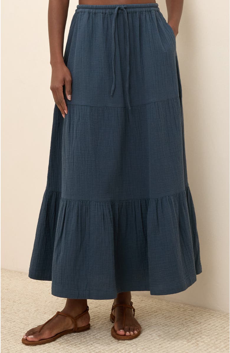 Pact Organic Cotton Coastal Double Gauze Tiered Maxi Skirt, Alternate, color, French Navy