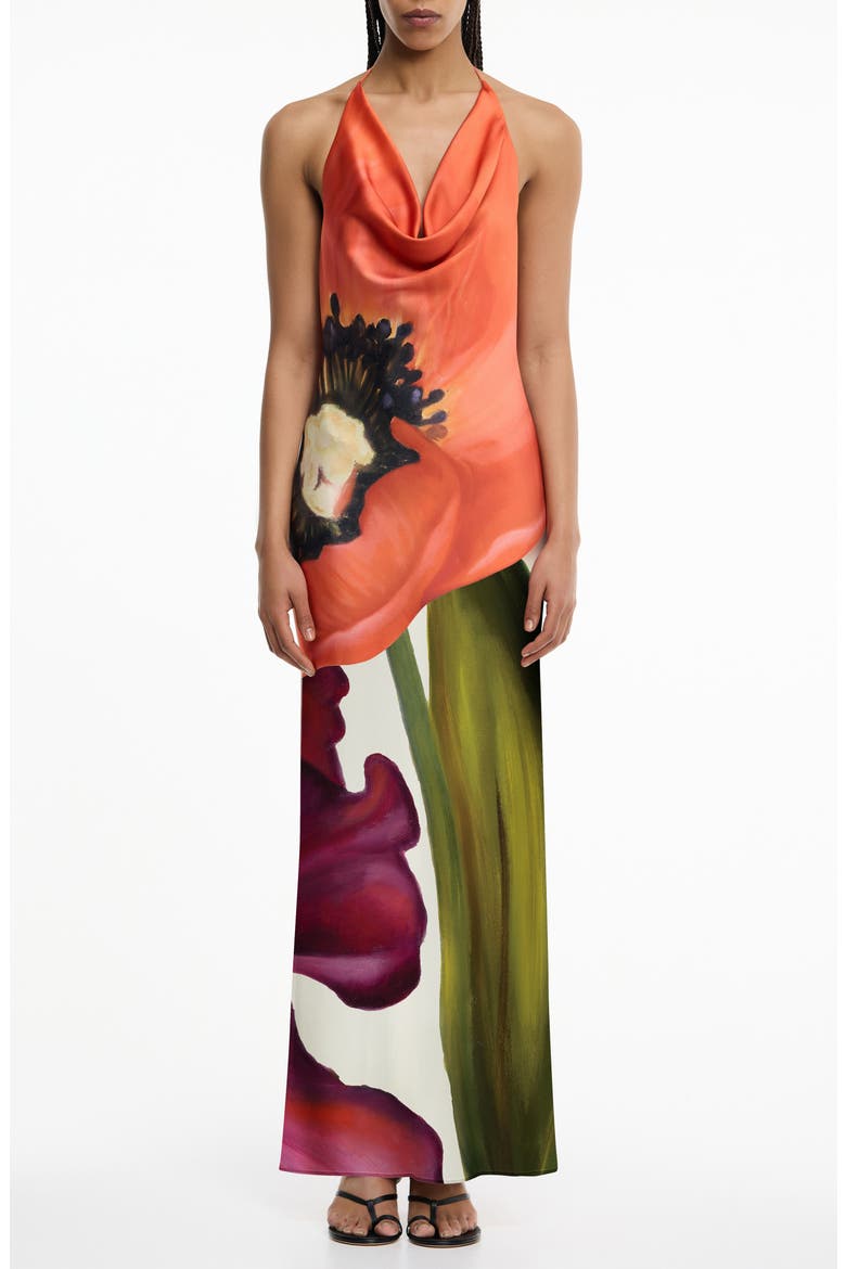 Derby Cowl Neck Open Back Satin Maxi Cocktail Dress, Main, color, POPPY BOTANIC