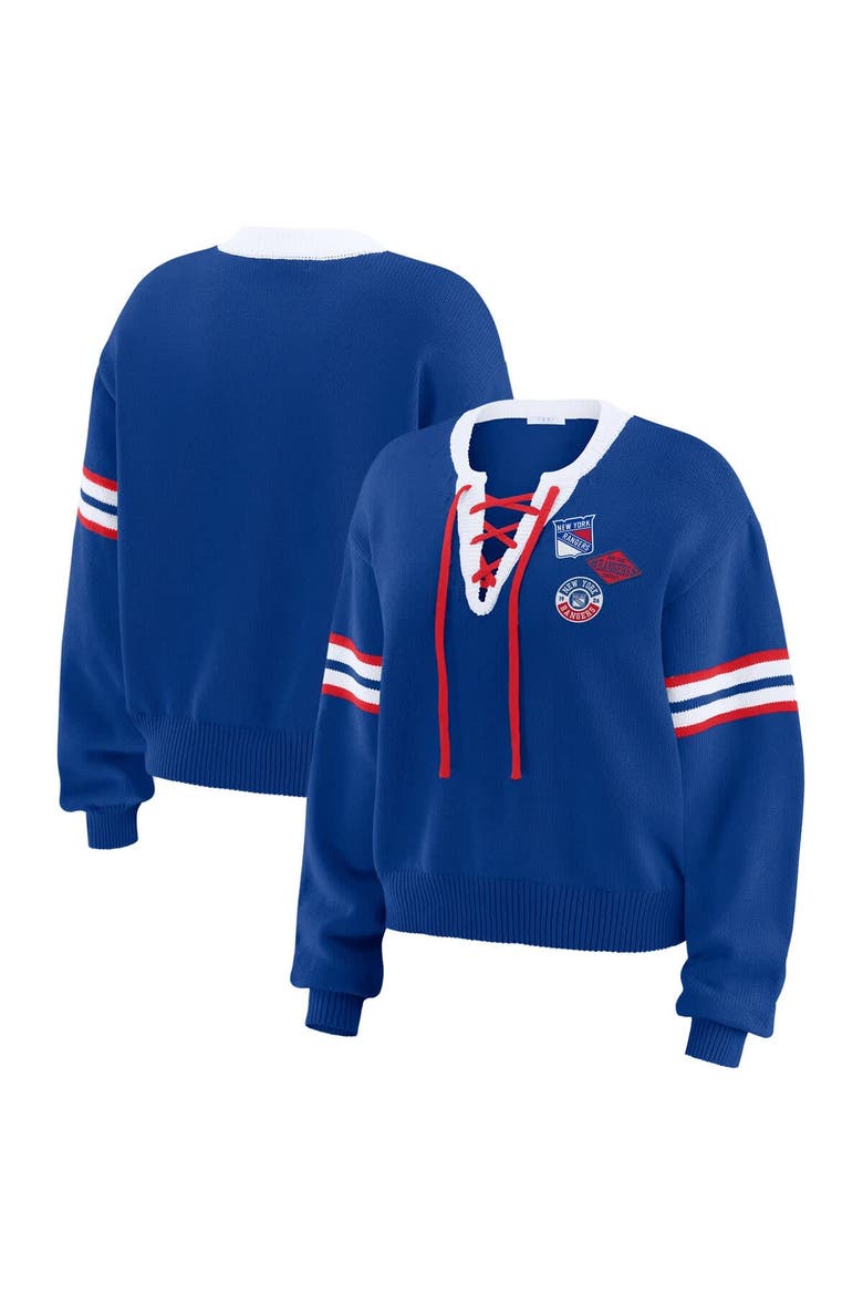 Women's WEAR by Erin Andrews  Blue New York Rangers Cropped Lace-Up Sweater, Alternate, color, Blue