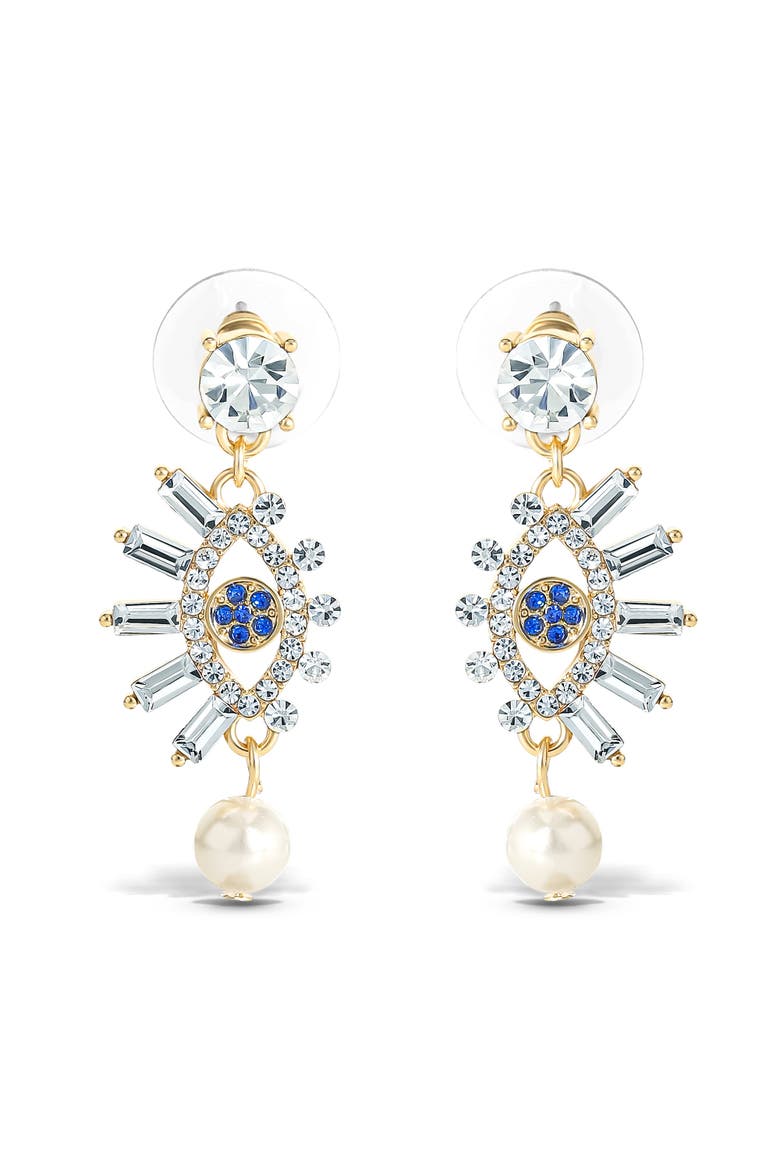 Evil Eye Dangle Earrings with Pearl & Rhinestones, Main, color, Gold, silver, blue