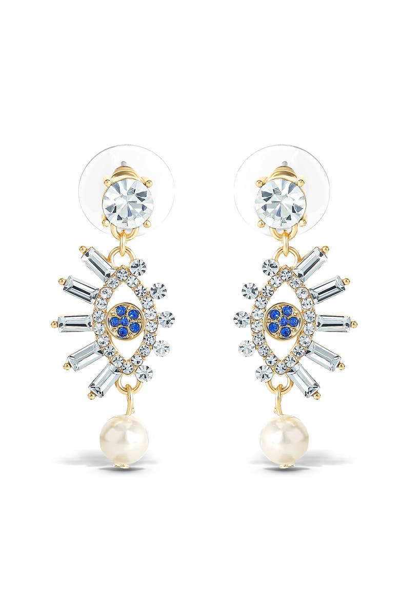 Jessica Simpson Evil Eye Dangle Earrings with Pearl & Rhinestones, Alternate, color, Gold, Silver, Blue