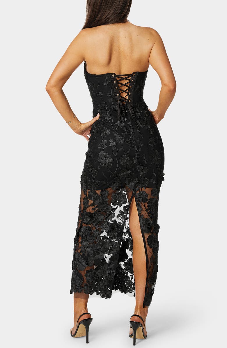 bebe Strapless 3D Floral Lace Maxi Dress, Alternate, color, Black