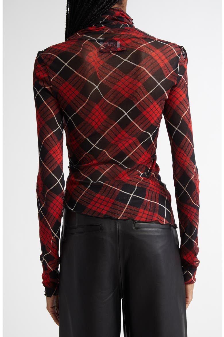 Draped Plaid Long Sleeve Mesh Top, Alternate, color, RED/ BLACK/ WHITE