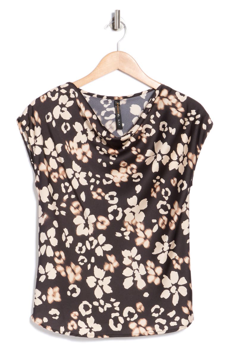 Floral Cowl Neck Cap Sleeve Satin Top, Alternate, color, BLACK
