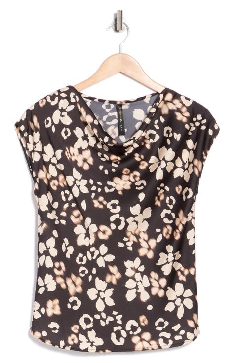 Floral Cowl Neck Cap Sleeve Satin Top