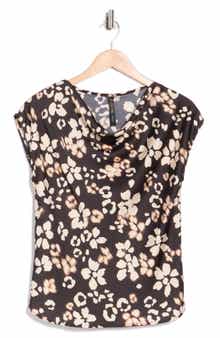 Renee C Floral Cowl Neck Cap Sleeve Satin Top