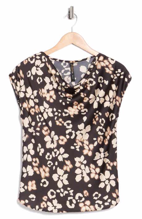 Renee C Floral Cowl Neck Cap Sleeve Satin Top
