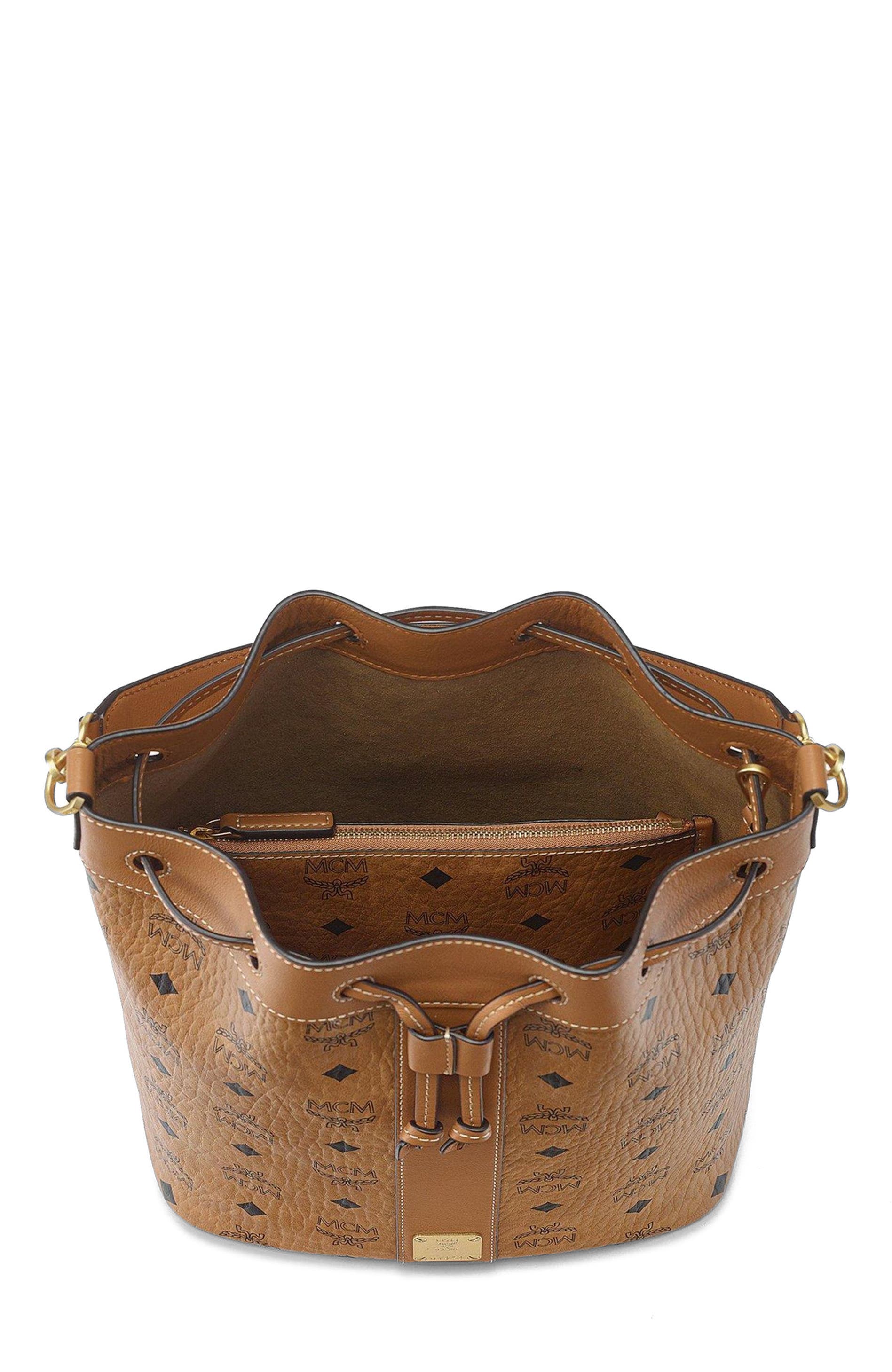 MCM Dessau Drawstring Bag in Visetos, Alternate, color, Cognac