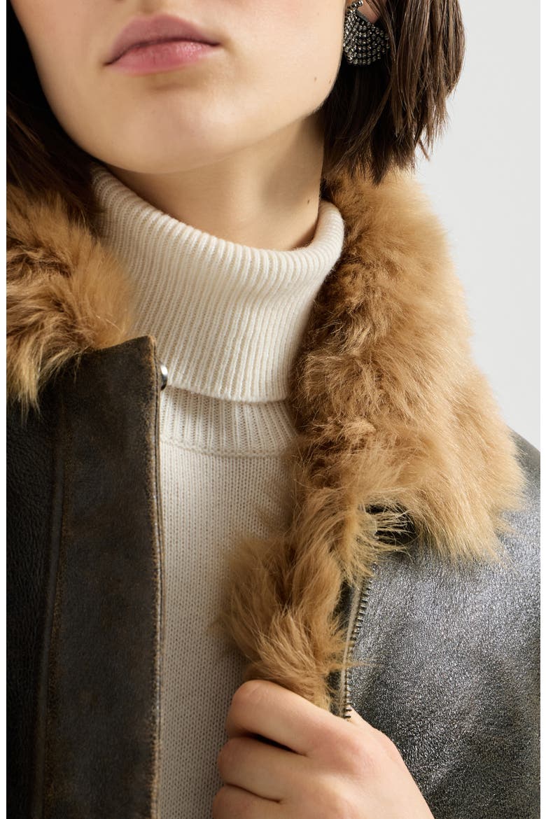 Vintage-effect shearling aviator jacket with monili, Alternate, color, Vintage Brown
