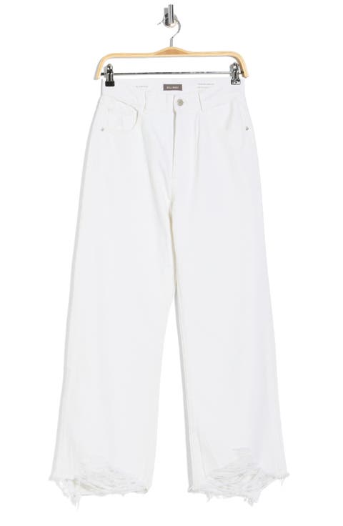 Hepburn High Waist Raw Hem Wide Leg Jeans (White Distressed)
