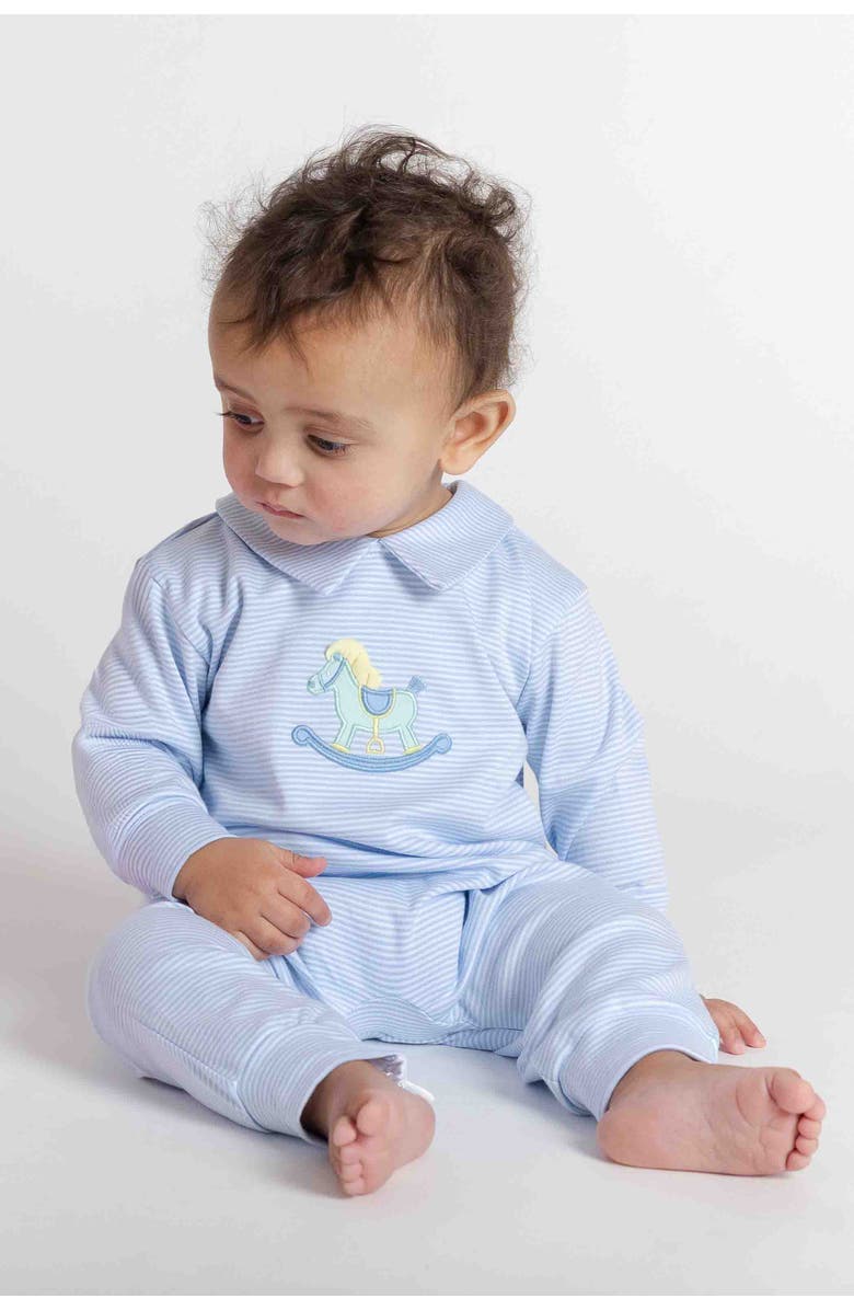 Florence Eiseman Stripe Knit Longall With Rocking Horse, Alternate, color, Light Blue, White