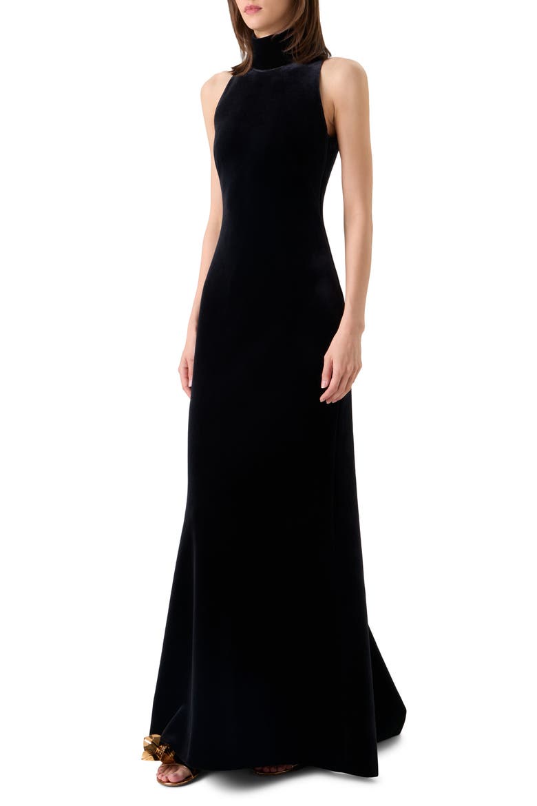 Fringe Back Velvet Scuba Knit Trumpet Gown, Alternate, color, BLACK