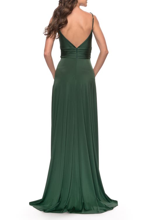 La Femme Versatile Long Jersey Gown With V And Slit In Emerald
