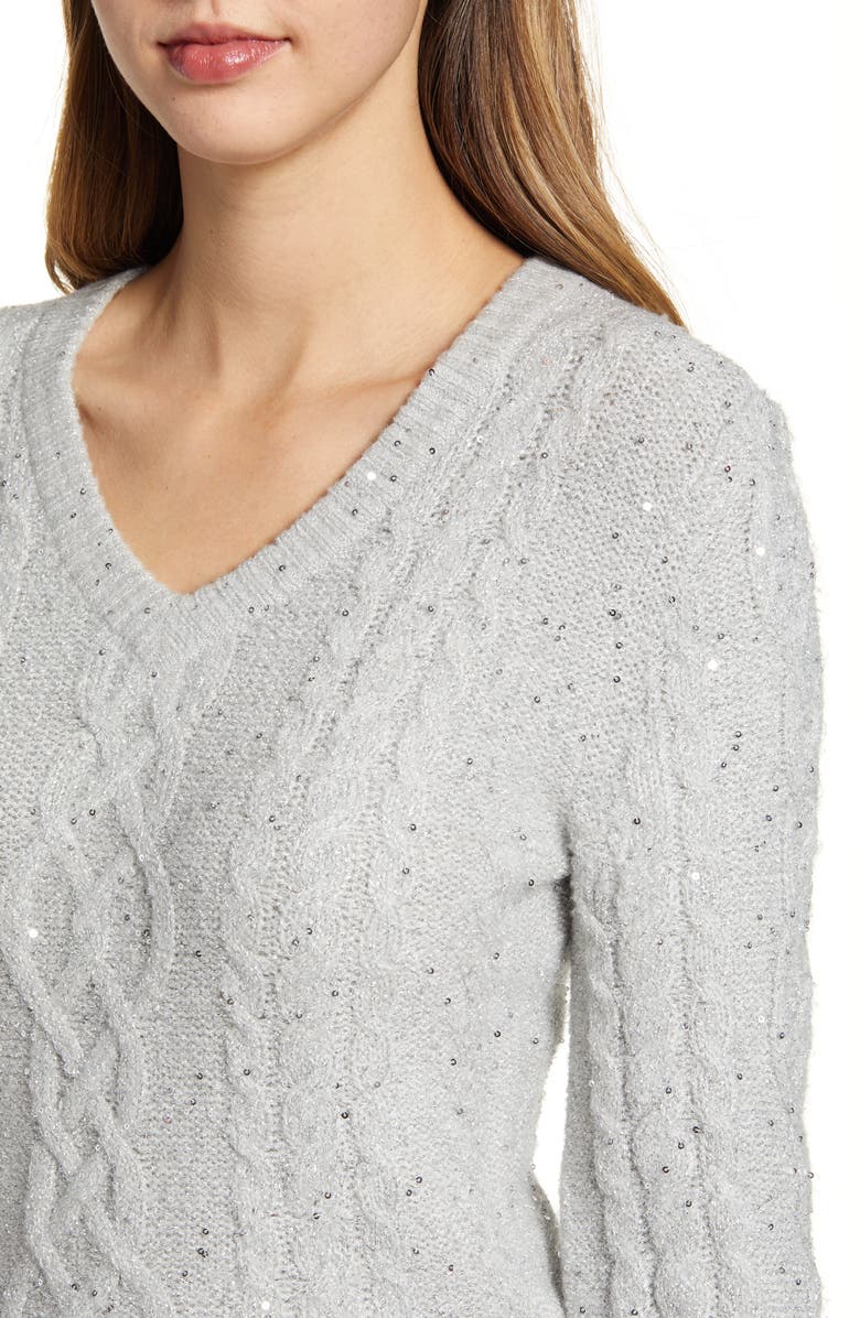 Rachel Parcell Sequin Cable Knit Puff Sleeve Sweater, Alternate, color, 