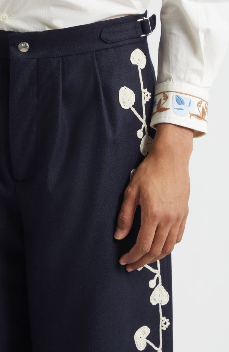 Bode Snowdrop Appliqué Wool Blend Trousers, Alternate, color, Navy