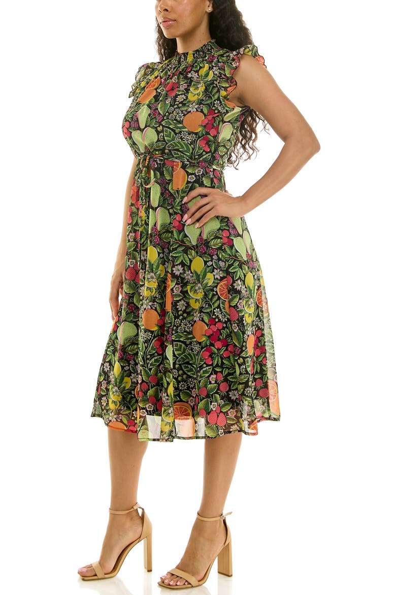 Smock Chiffon Midi Dress, Alternate, color, BLACK/GREEN MULTI