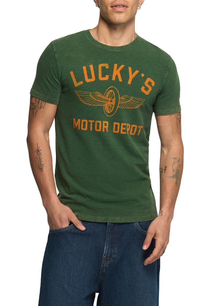Lucky's Motor Depot Graphic T-Shirt, Main, color, DARK GREEN