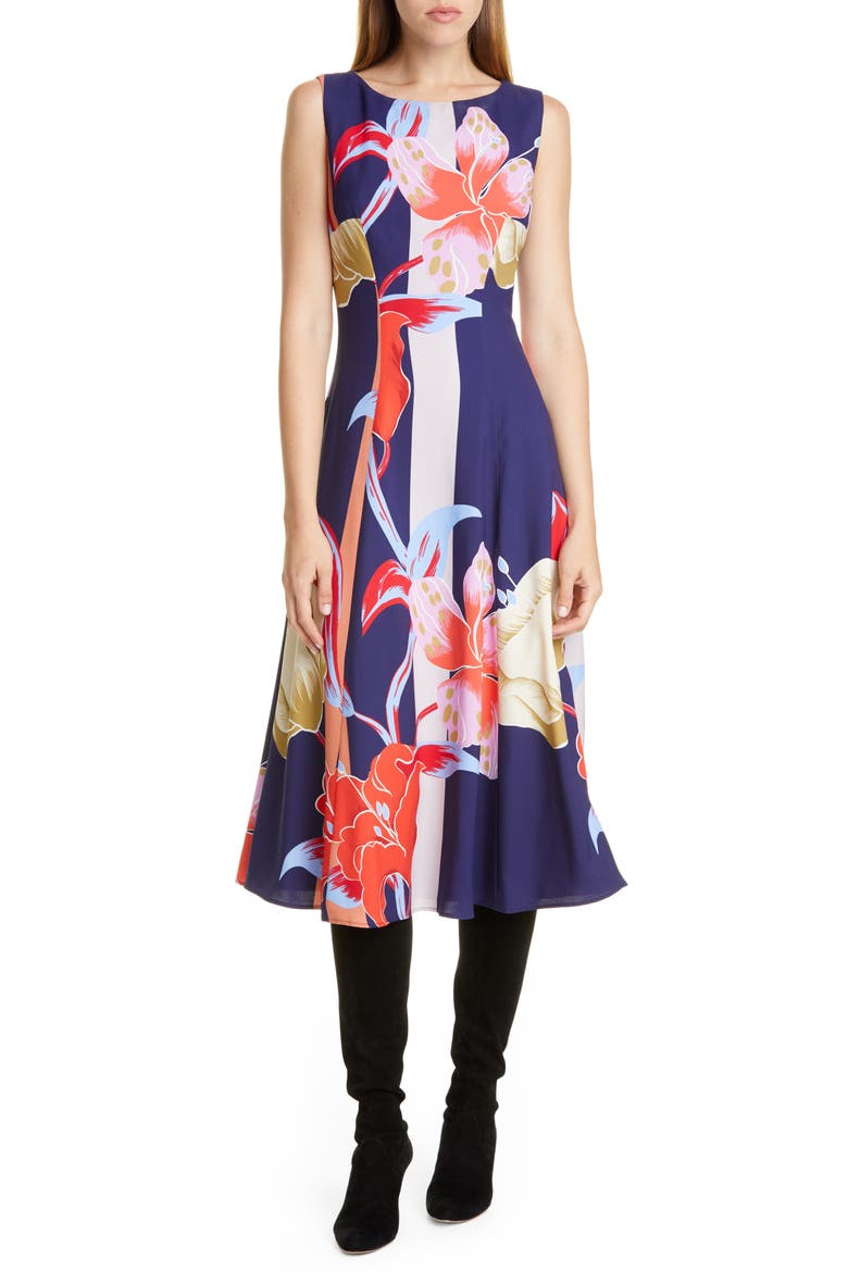 Large Lily Print Crepe Midi Dress, Main, color, NAVY