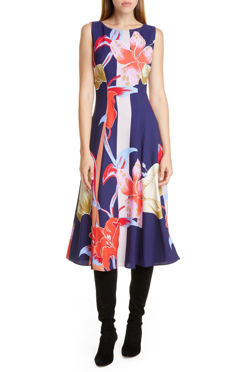 Etro Large Lily Print Crepe Midi Dress, Main, color, 