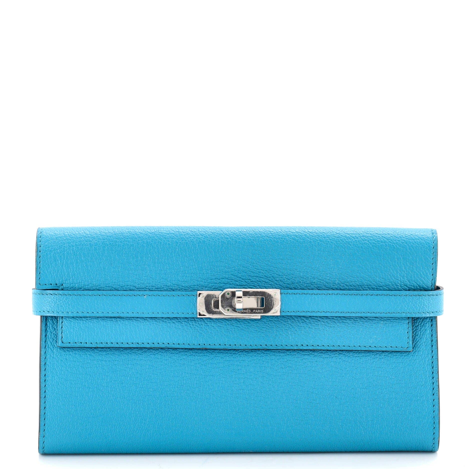 Pre-Owned Hermes Kelly Wallet Chevre Mysore Long, Main, color, Turquoise