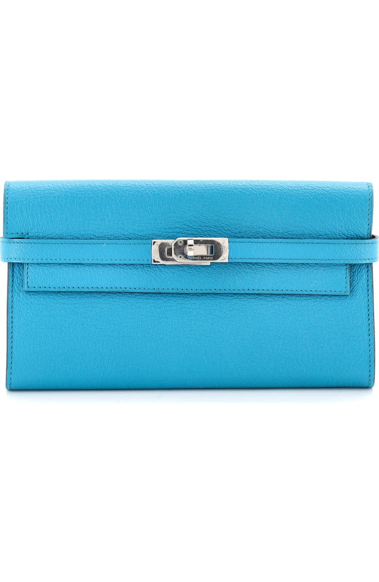 Pre-Owned Hermes Kelly Wallet Chevre Mysore Long, Main, color, Turquoise