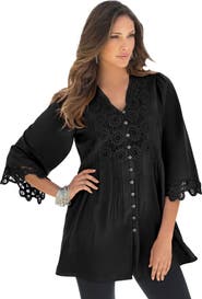 Roaman's Plus Size Juliet Lace Trim Button Down Shirt