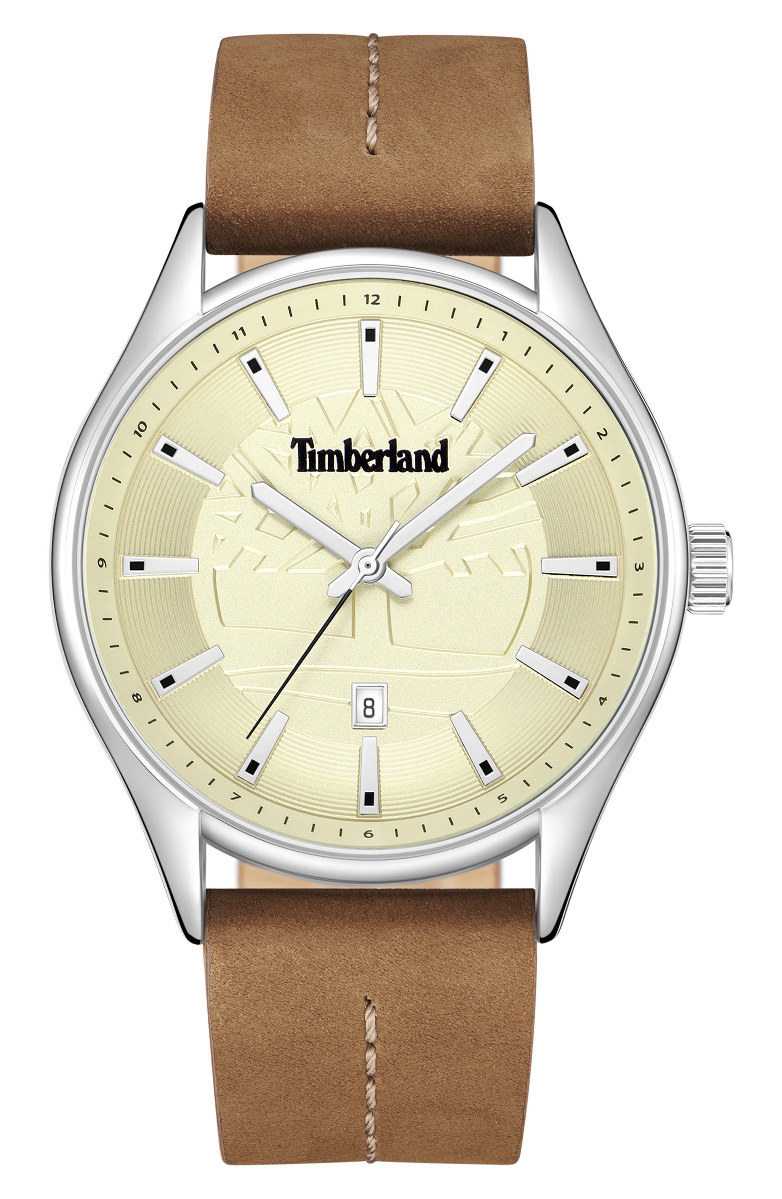 Classic Three Hand Leather Strap Watch, 42.5mm