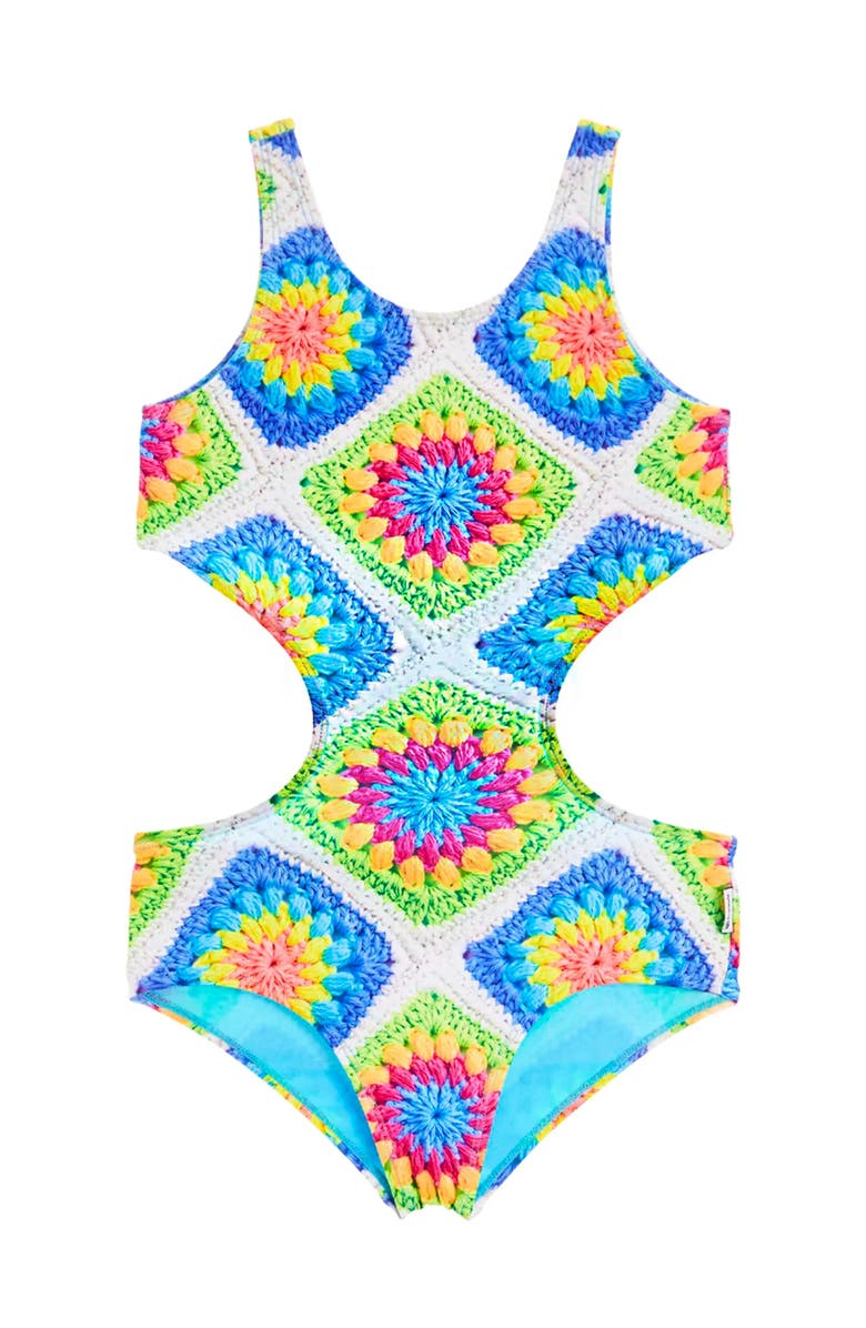 Limeapple Crochet Printed Cutout One Piece Swimsuit, Main, color, Multicolor