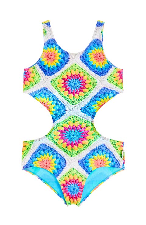 Crochet Printed Cutout One Piece Swimsuit