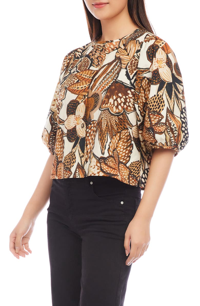 Karen Kane Floral Puff Sleeve Cotton Poplin Button-Up Shirt, Alternate, color, 