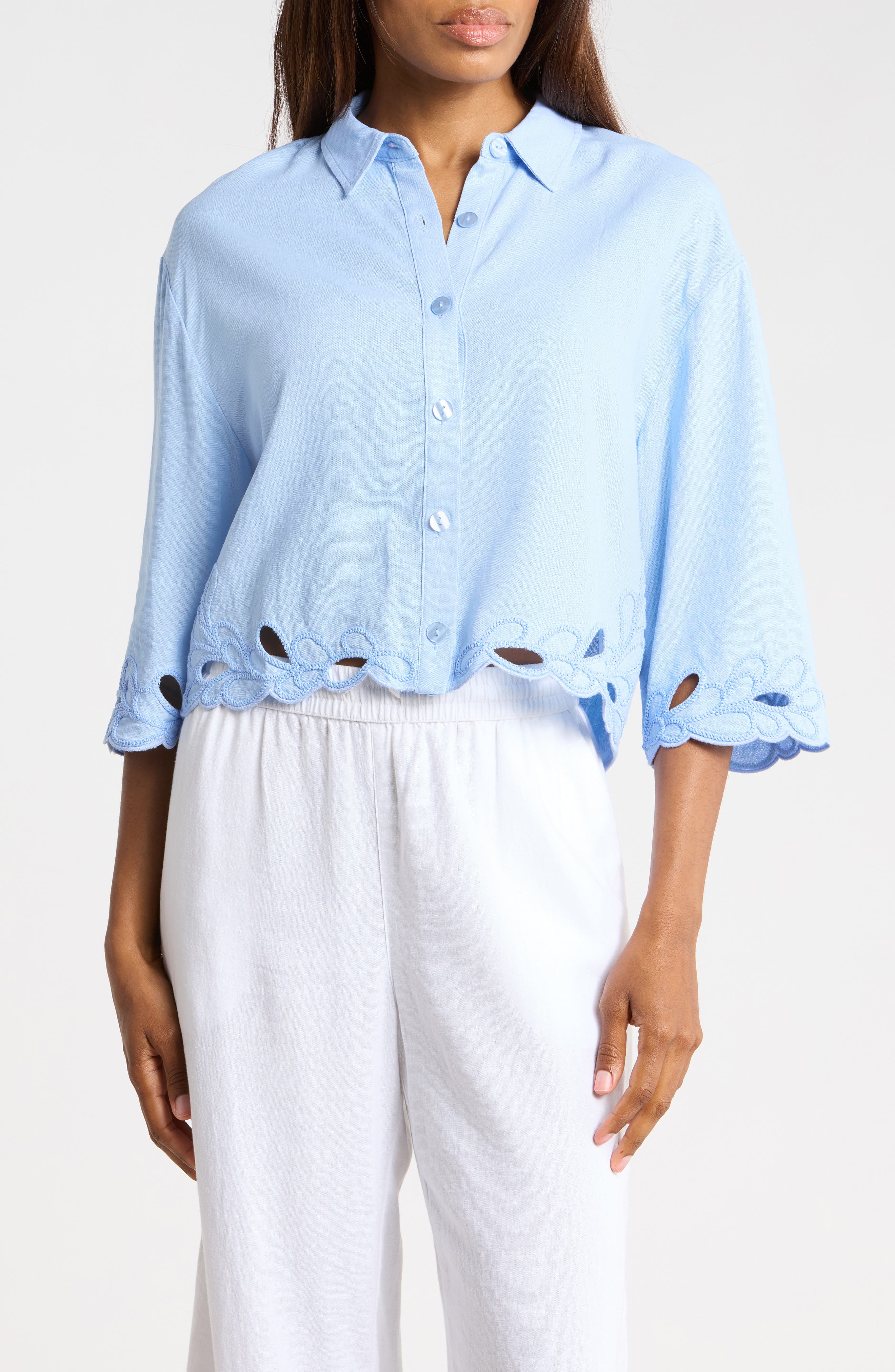 Ellen Tracy Embroidered Crop Button-Up Shirt