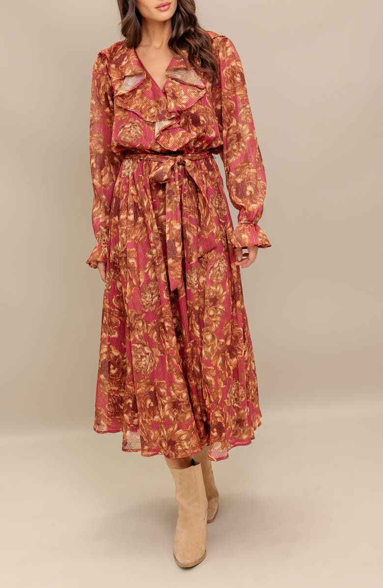 FLYING TOMATO Floral Long Sleeve Midi Dress, Alternate, color, Terracotta