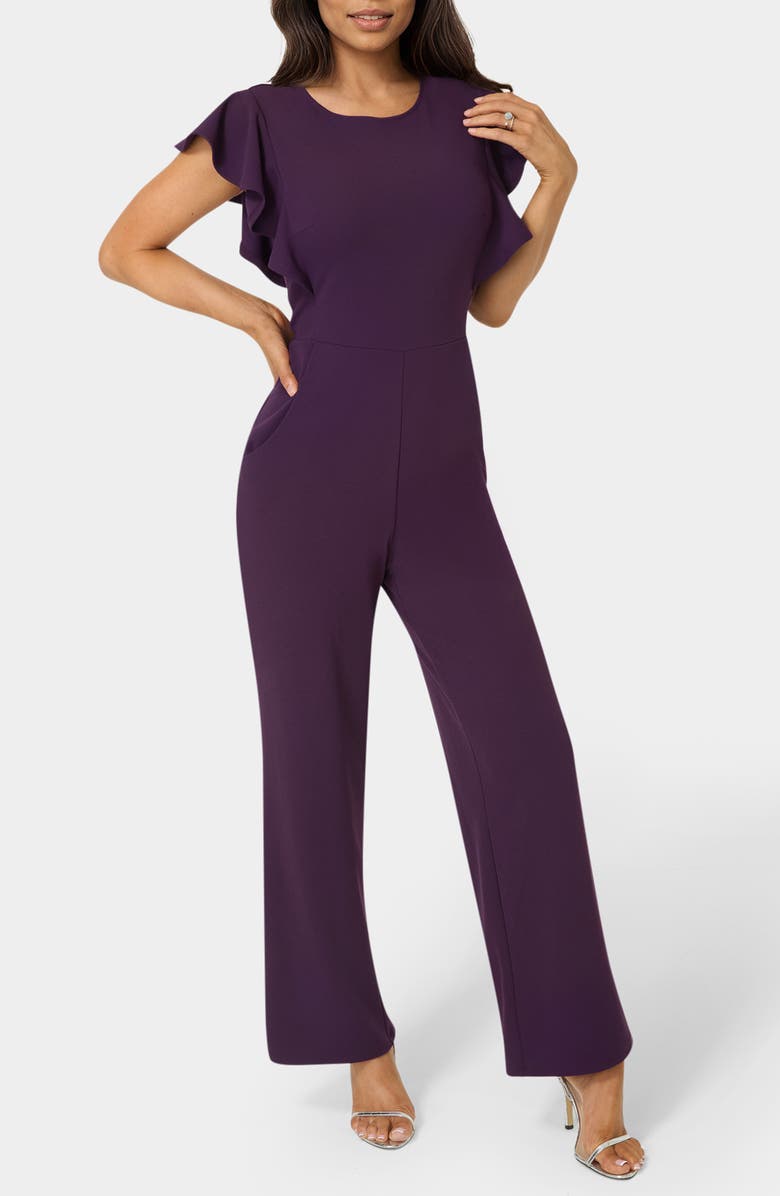 bebe Ruffle Scuba Jumpsuit, Main, color, Eggplant