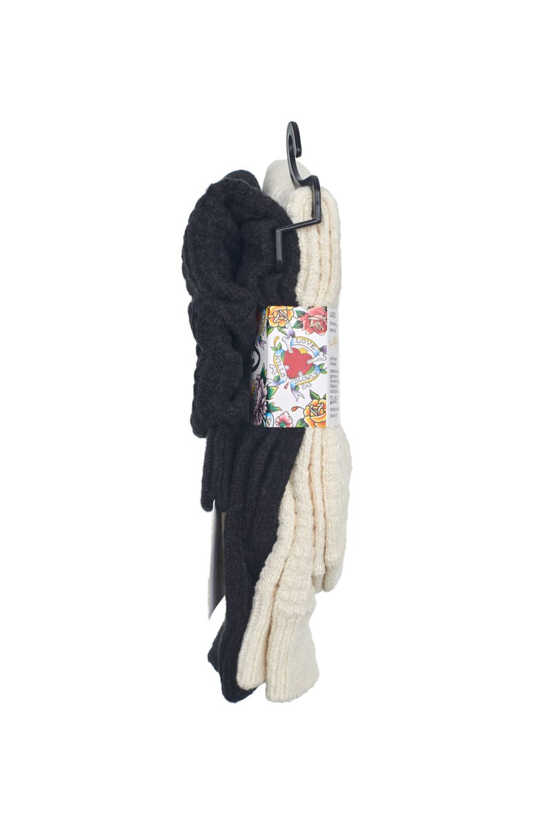 Ed Hardy Womens Rose Embroidery Waffle Knit Slouchy Sock 2-Pack, Alternate, color, Black/Cream