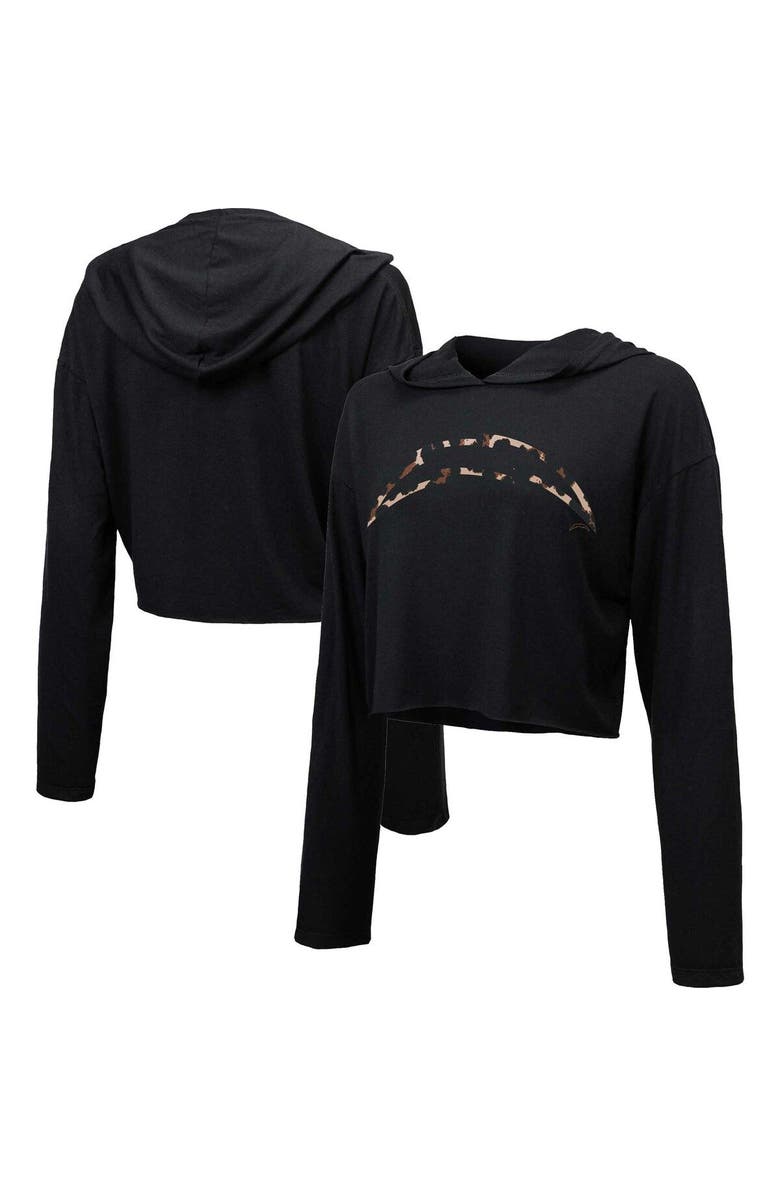 Majestic Threads Women's Majestic Threads Black Los Angeles Chargers Leopard Cropped Pullover Hoodie, Main, color, Black