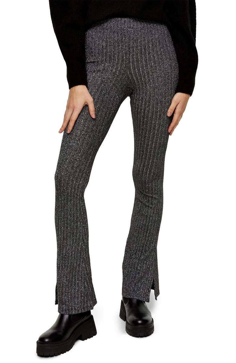 Topshop Glitter Rib Flare Trousers, Main, color, 