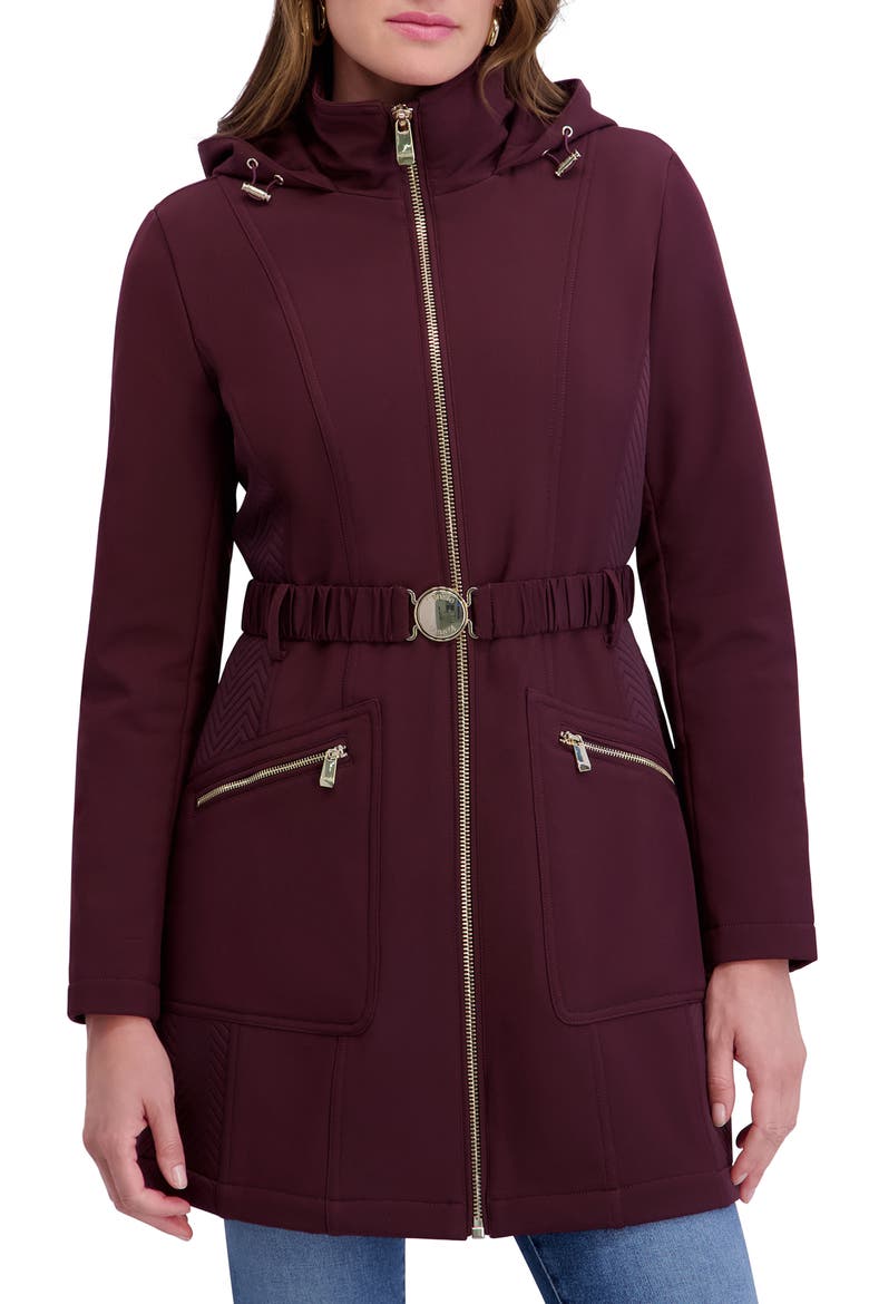 Soft Shelled Hooded Belted Zip-Up Coat, Alternate, color, BURGUNDY