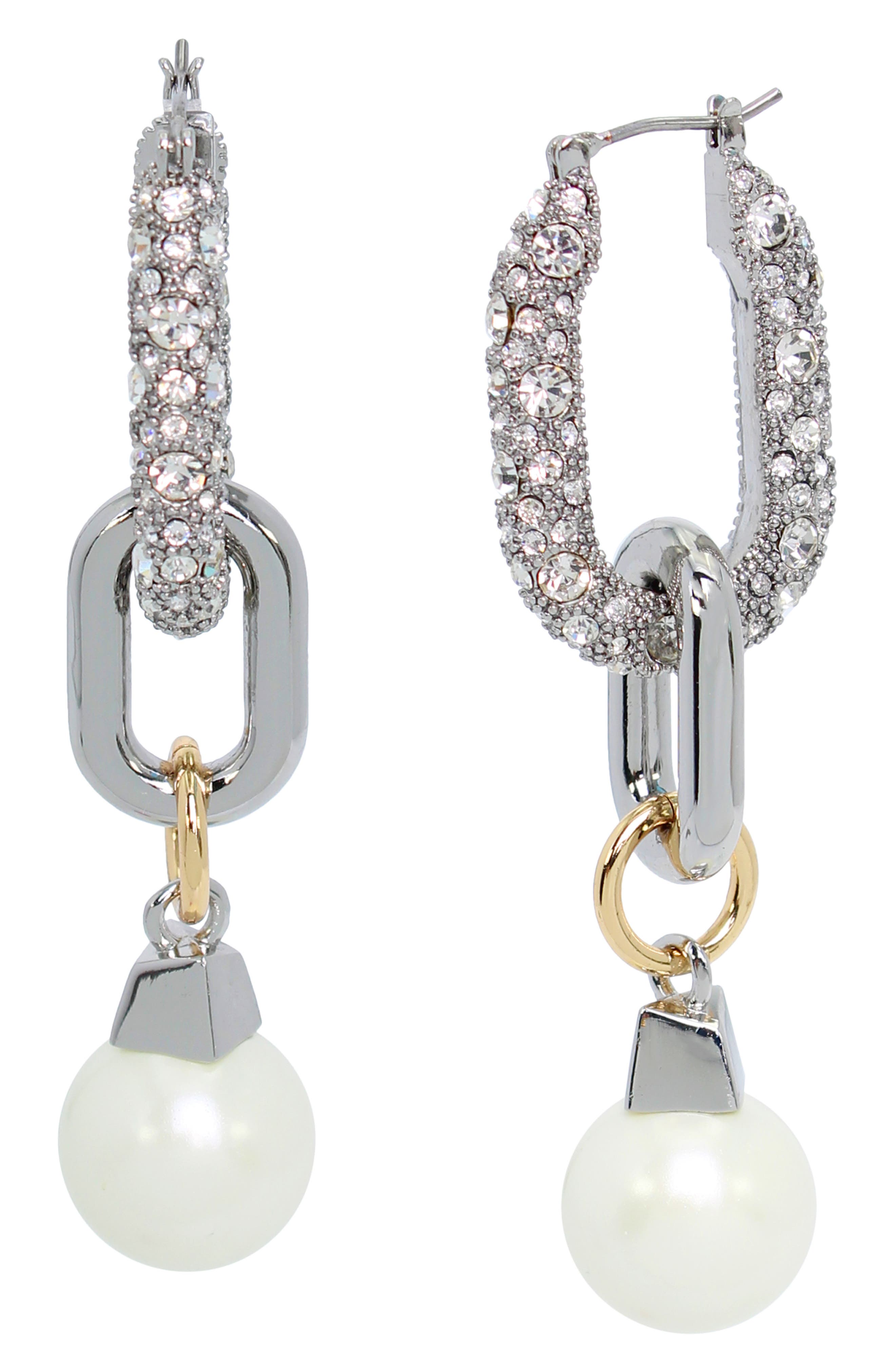 AllSaints Pavé Crystal Faux Pearl Link Drop Hoop Earrings
