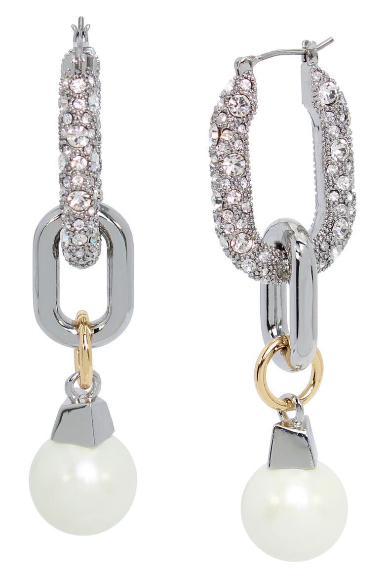 Pavé Crystal Faux Pearl Link Drop Hoop Earrings, Main, color, RHODIUM