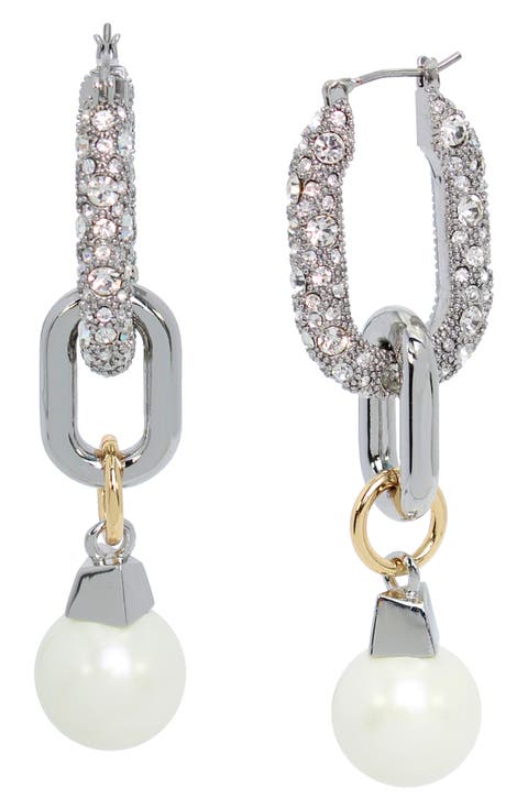 Pavé Crystal Faux Pearl Link Drop Hoop Earrings