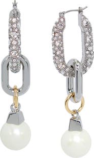 AllSaints Pavé Crystal Faux Pearl Link Drop Hoop Earrings