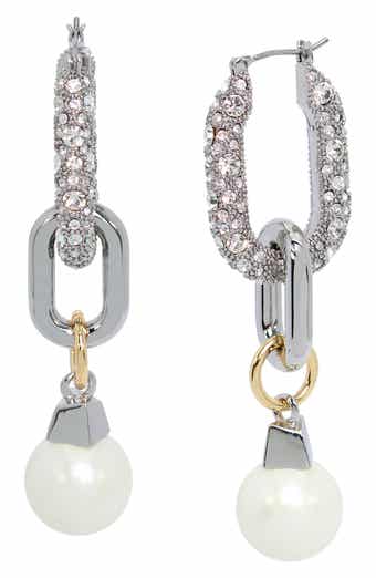 AllSaints Pavé Crystal Faux Pearl Link Drop Hoop Earrings