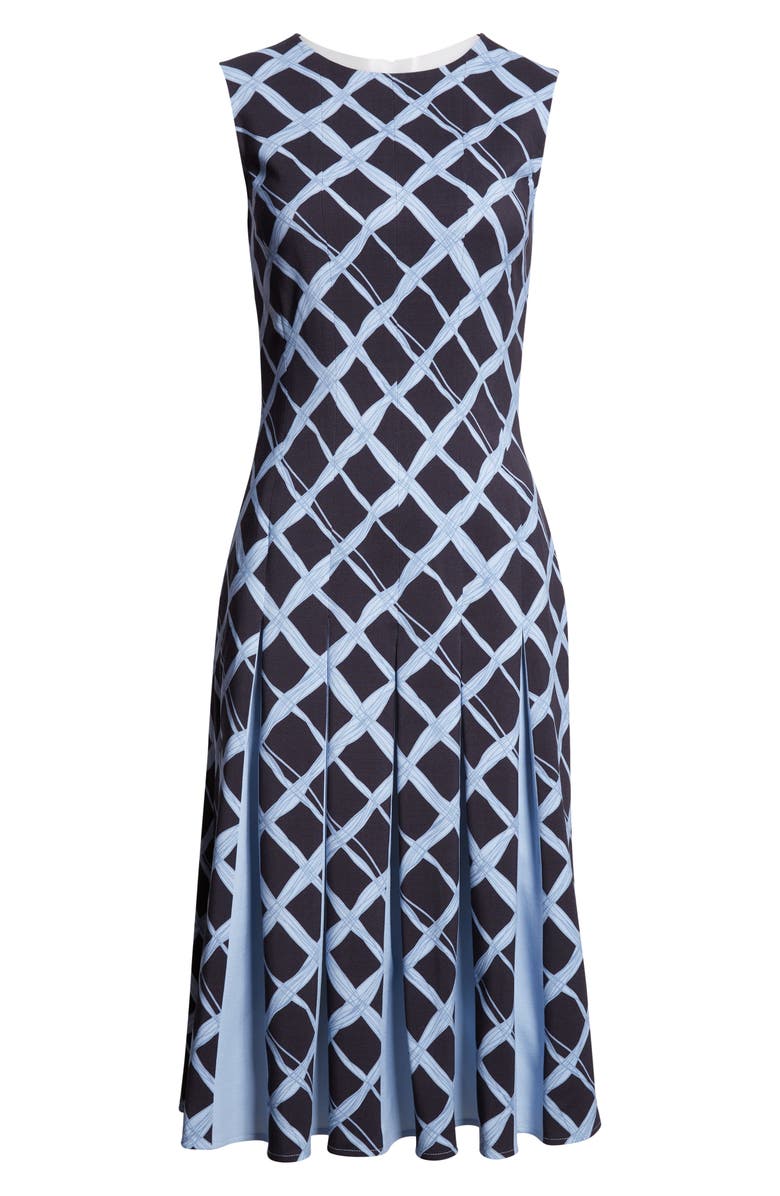 Oscar de la Renta Wavy Plaid Pleated Wool Blend Dress, Alternate, color, Navy/ Blue