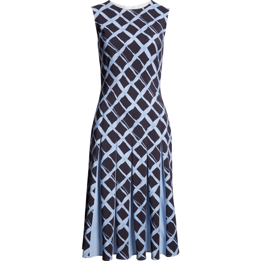 Oscar De La Renta Wavy Plaid Pleated Wool Blend Dress In Blue